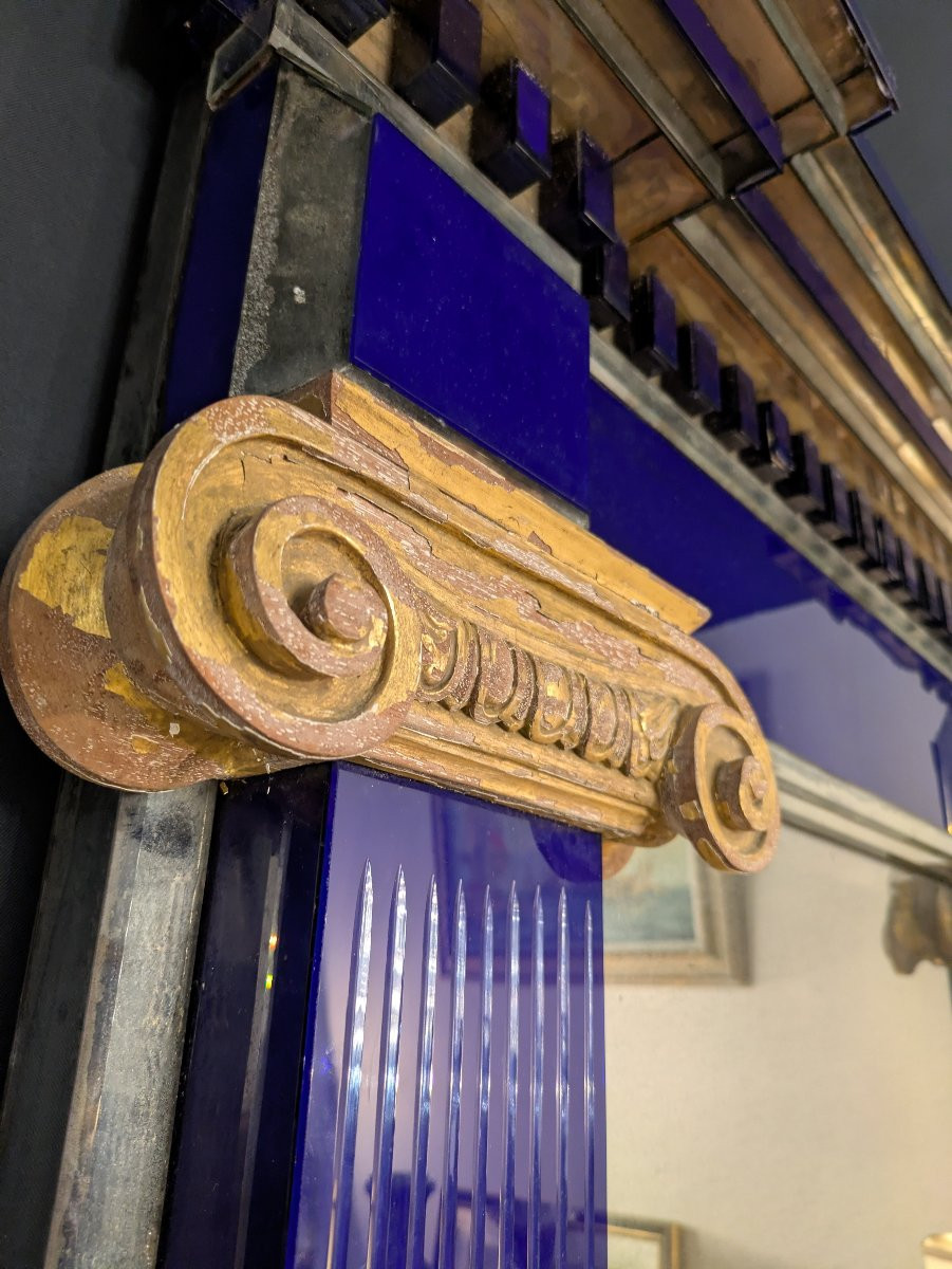 Cobalt Blue Murano Glass Column Mirror And Gilded Wood Frame – Italian Craftsmanship-photo-2