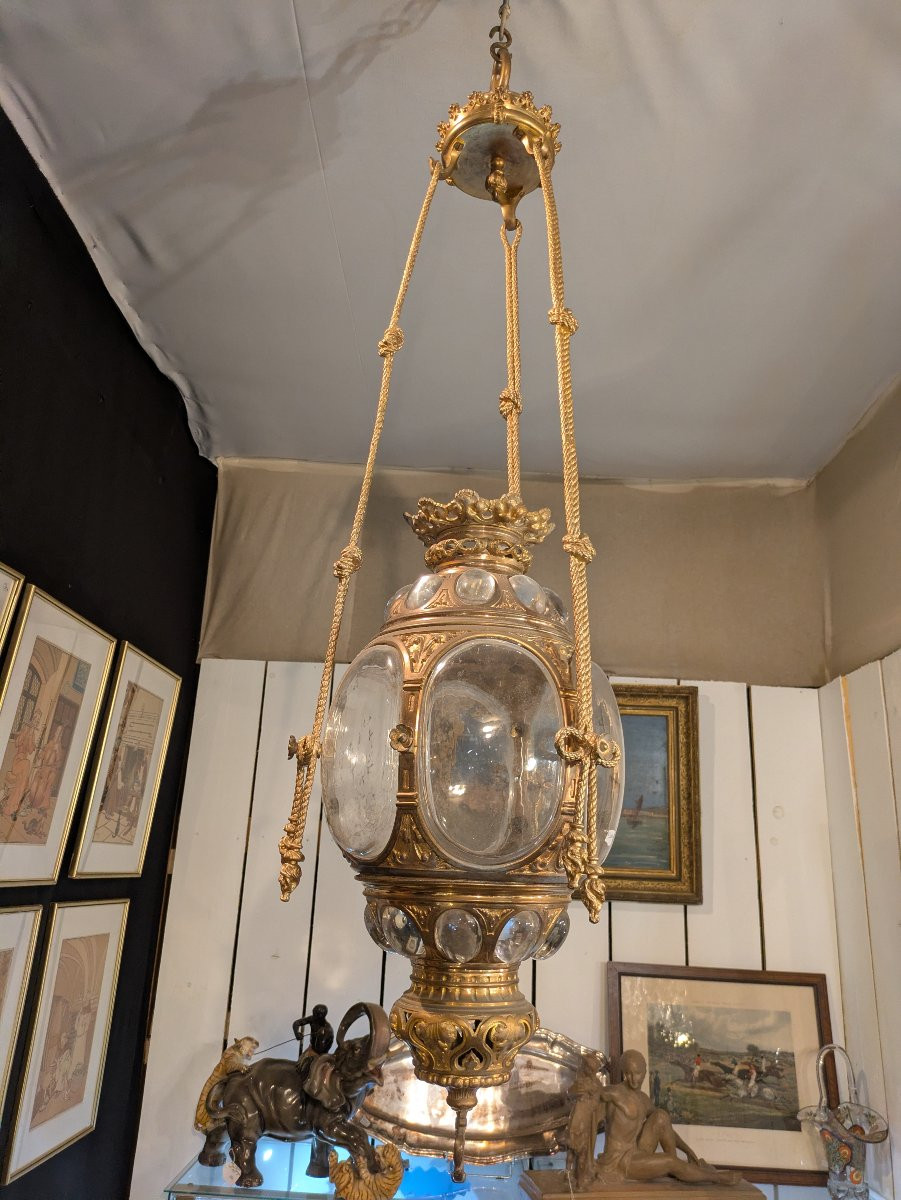 Lanterne en Bronze Ajouré et Verre Soufflé – XIXᵉ siècle-photo-4