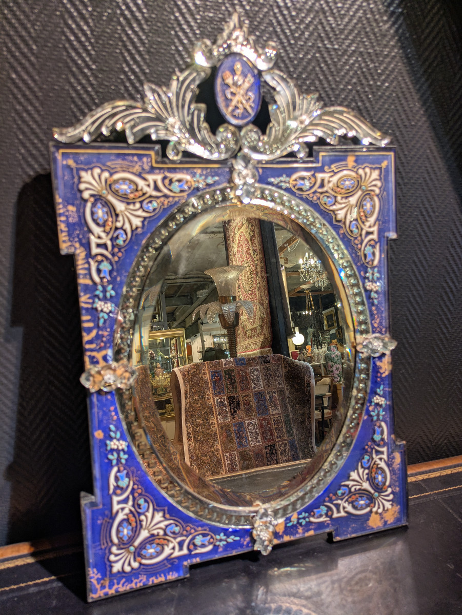 Miroir Vénitien en Verre Eglomisé et Décor Emaillé – XIXe siècle