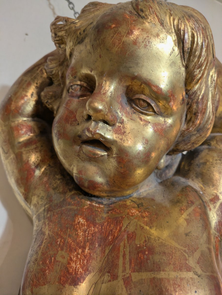 Ange en Bois Doré et Sculpté - Putti Volant — XVIIIème siècle-photo-2
