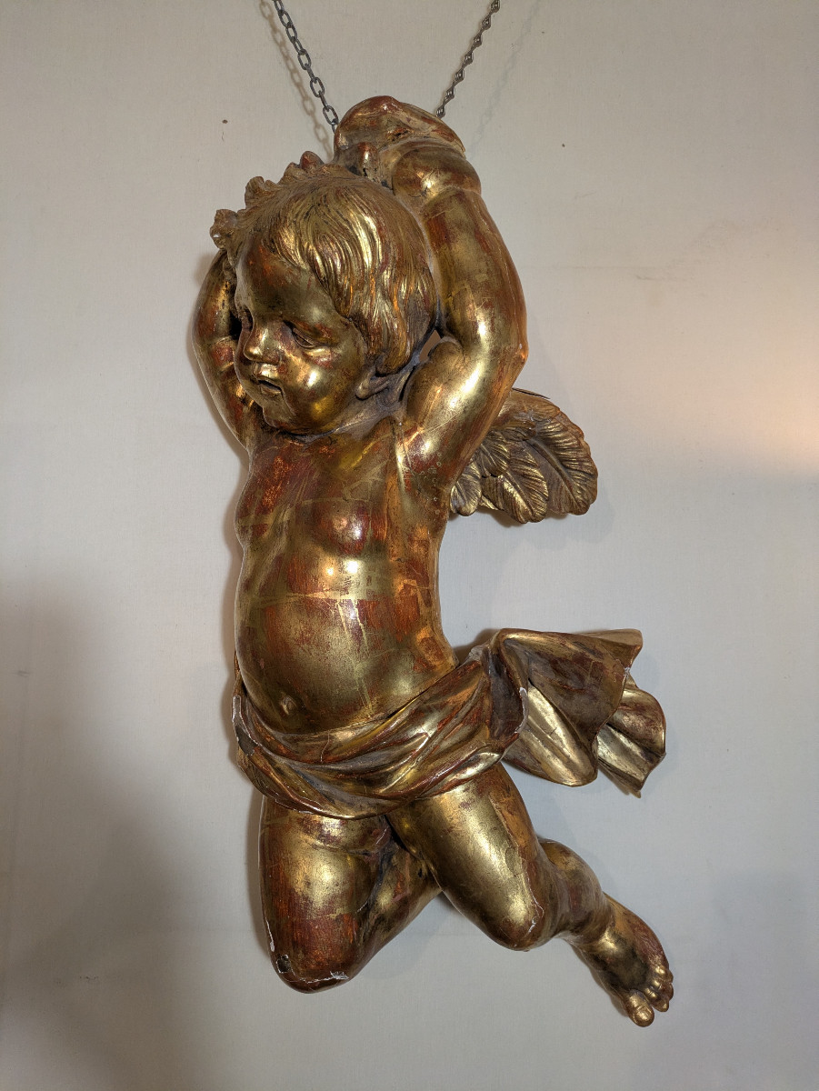 Ange en Bois Doré et Sculpté - Putti Volant — XVIIIème siècle