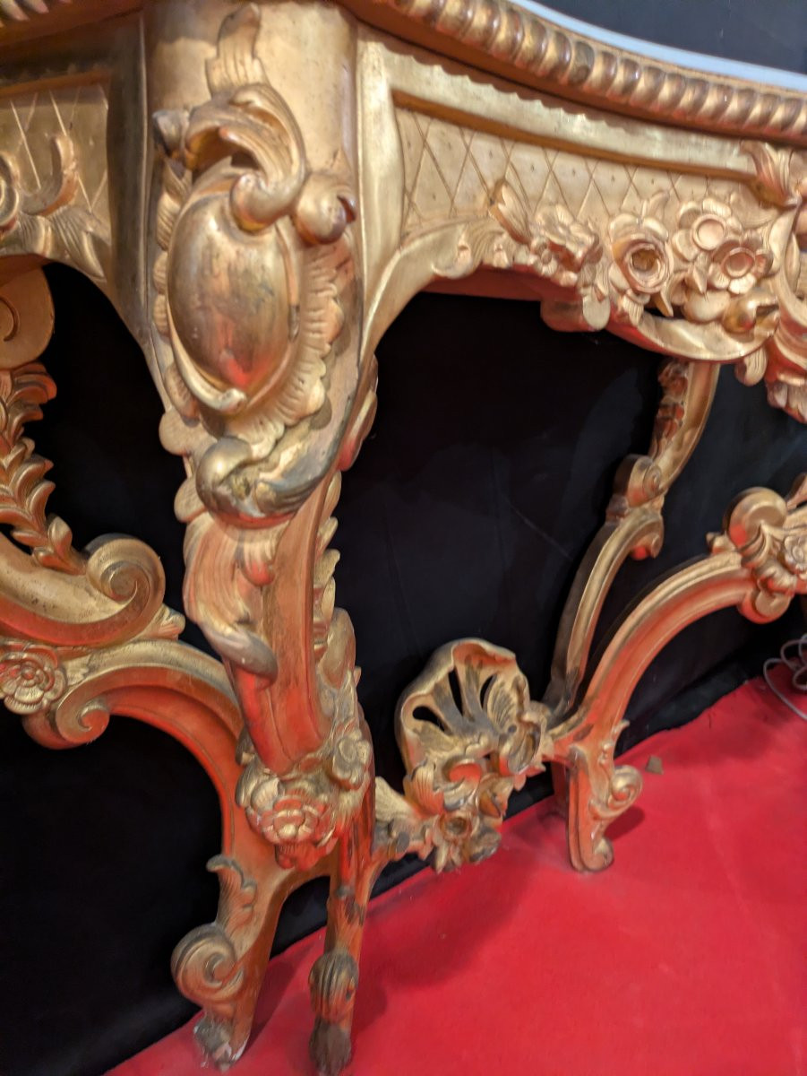 Console en Bois Doré Sculptée, style Régence, Plateau Marbre Blanc — XIXe siècle-photo-2