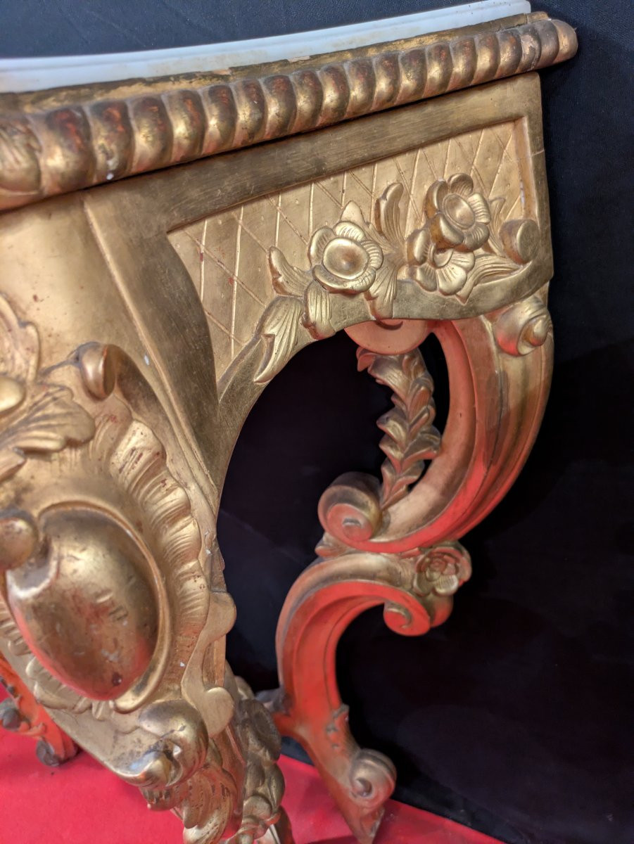 Console en Bois Doré Sculptée, style Régence, Plateau Marbre Blanc — XIXe siècle-photo-1