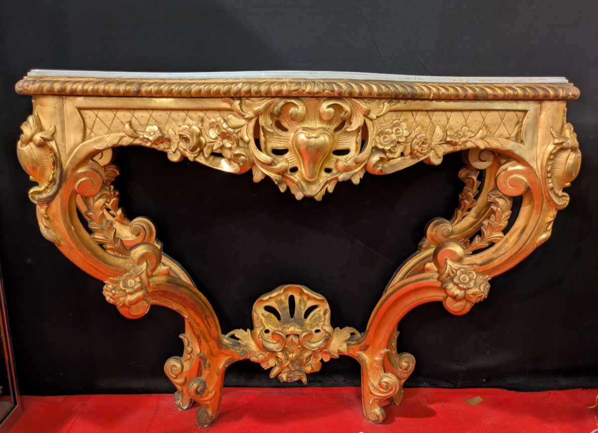 Console en Bois Doré Sculptée, style Régence, Plateau Marbre Blanc — XIXe siècle