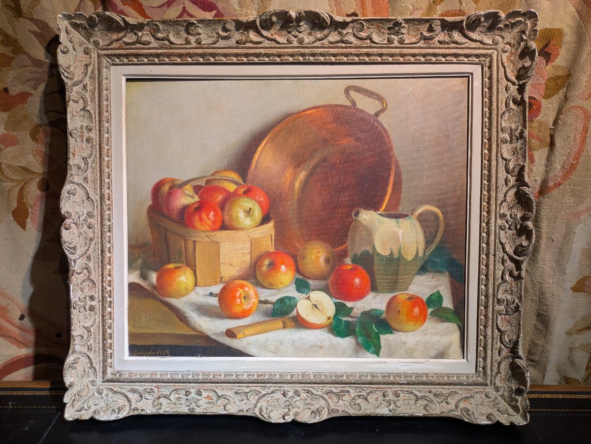 Nature morte aux pommes, huile sur toile  par Gaston Hamanovick — XXe