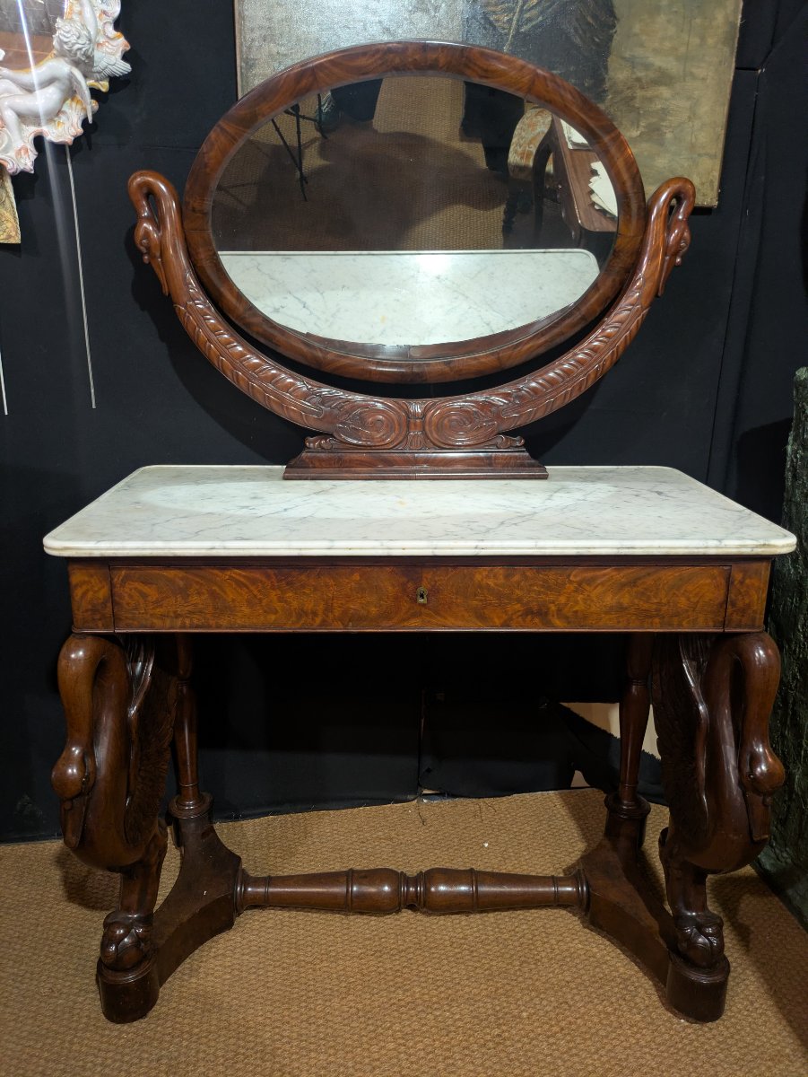 Coiffeuse de Milieu en Acajou, et Pieds Col de Cygne  - XIXème - Époque Empire-Restauration