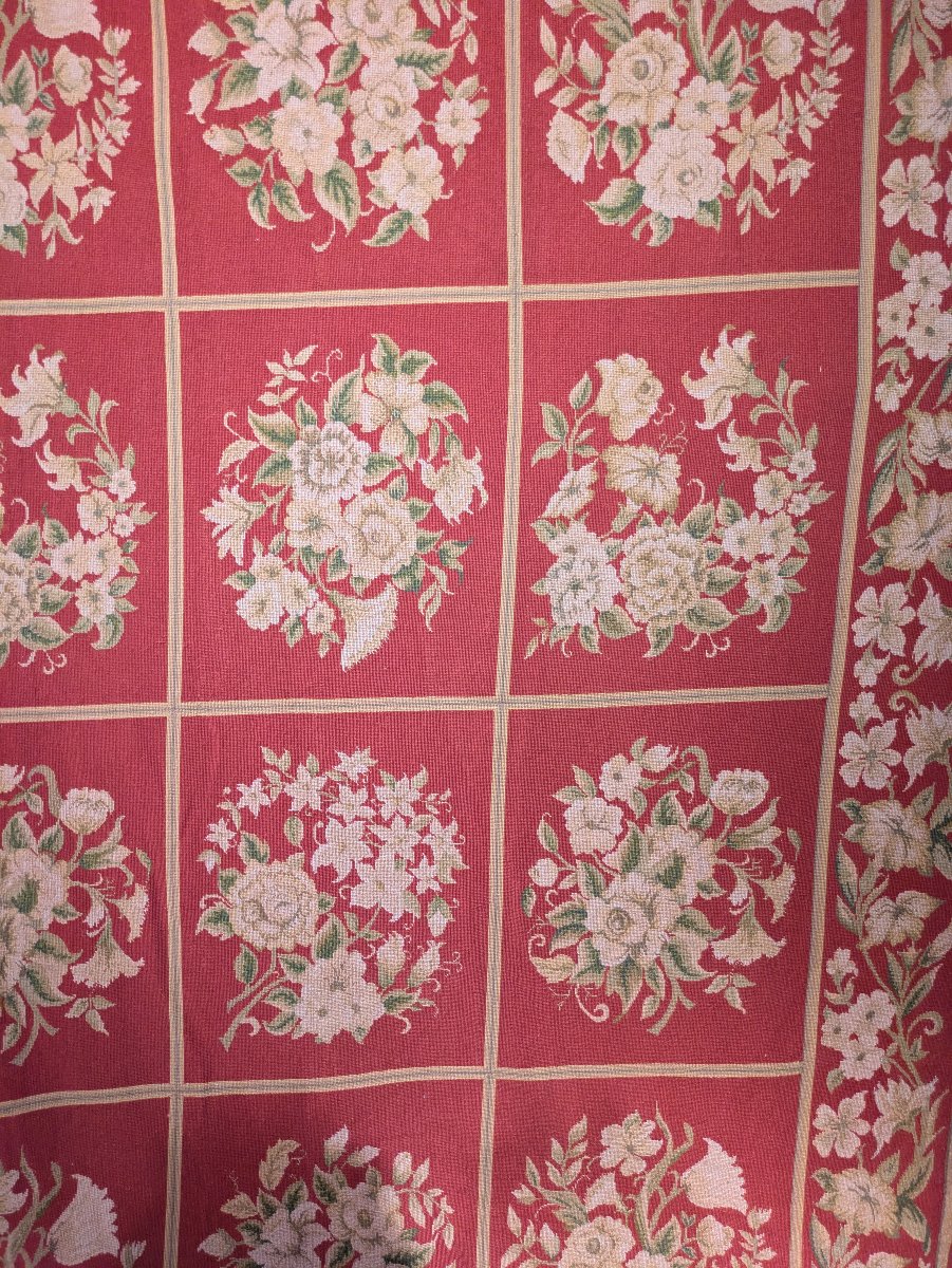Grand tapis d'Aubusson à Médaillons Fleuris sur Fond Rouge, époque Napoléon III - XIXe siècle-photo-2