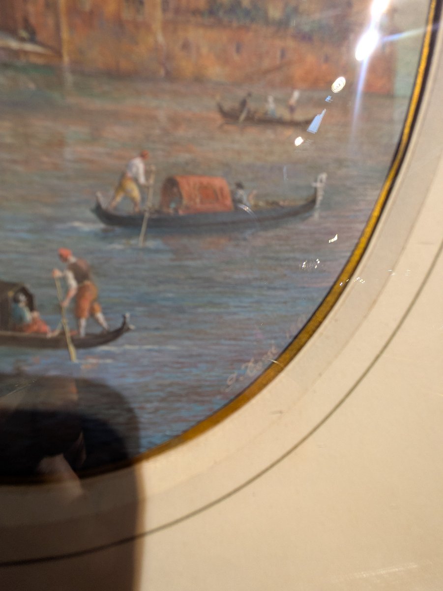 Vue de Venise, Gouache sur Médaillon Ovale Signée Rossi et Datée 1861 — XIXe siècle-photo-4