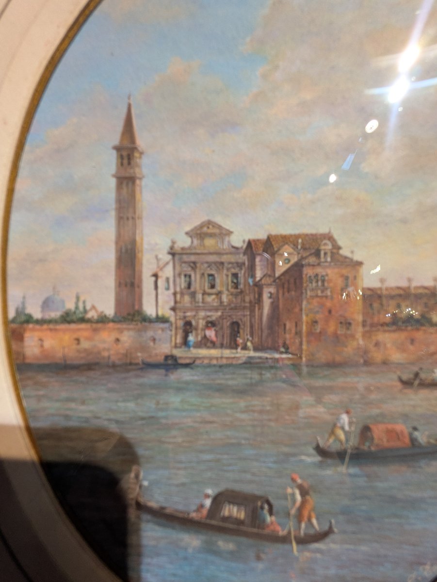 Vue de Venise, Gouache sur Médaillon Ovale Signée Rossi et Datée 1861 — XIXe siècle-photo-2