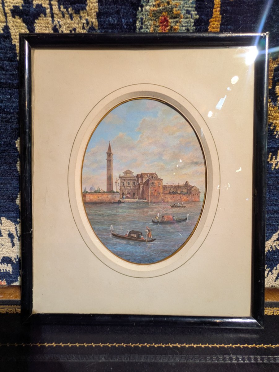 Vue de Venise, Gouache sur Médaillon Ovale Signée Rossi et Datée 1861 — XIXe siècle
