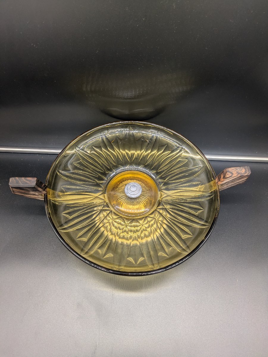 Molded Amber Glass Display Bowl With Rosewood Handles, Art Deco Style — 1930s–1950s-photo-2