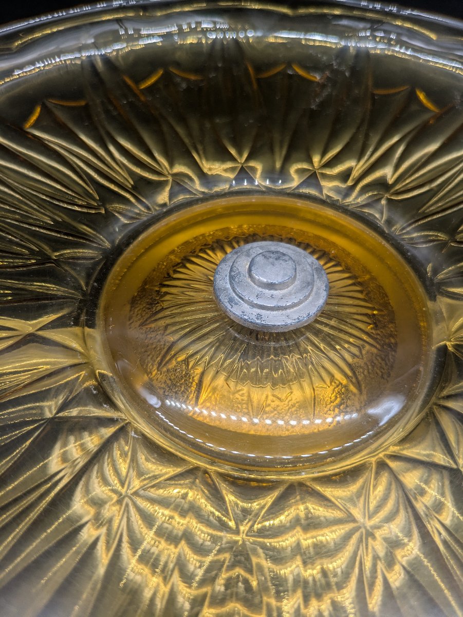 Molded Amber Glass Display Bowl With Rosewood Handles, Art Deco Style — 1930s–1950s-photo-3