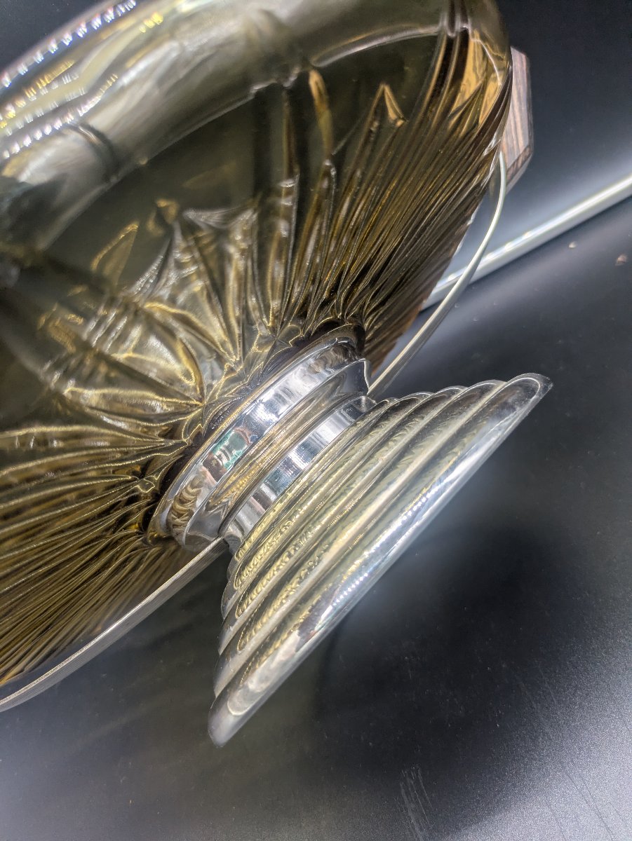 Molded Amber Glass Display Bowl With Rosewood Handles, Art Deco Style — 1930s–1950s-photo-4