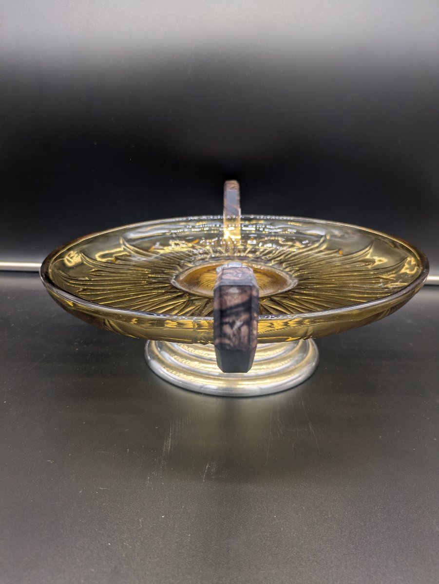 Molded Amber Glass Display Bowl With Rosewood Handles, Art Deco Style — 1930s–1950s-photo-2