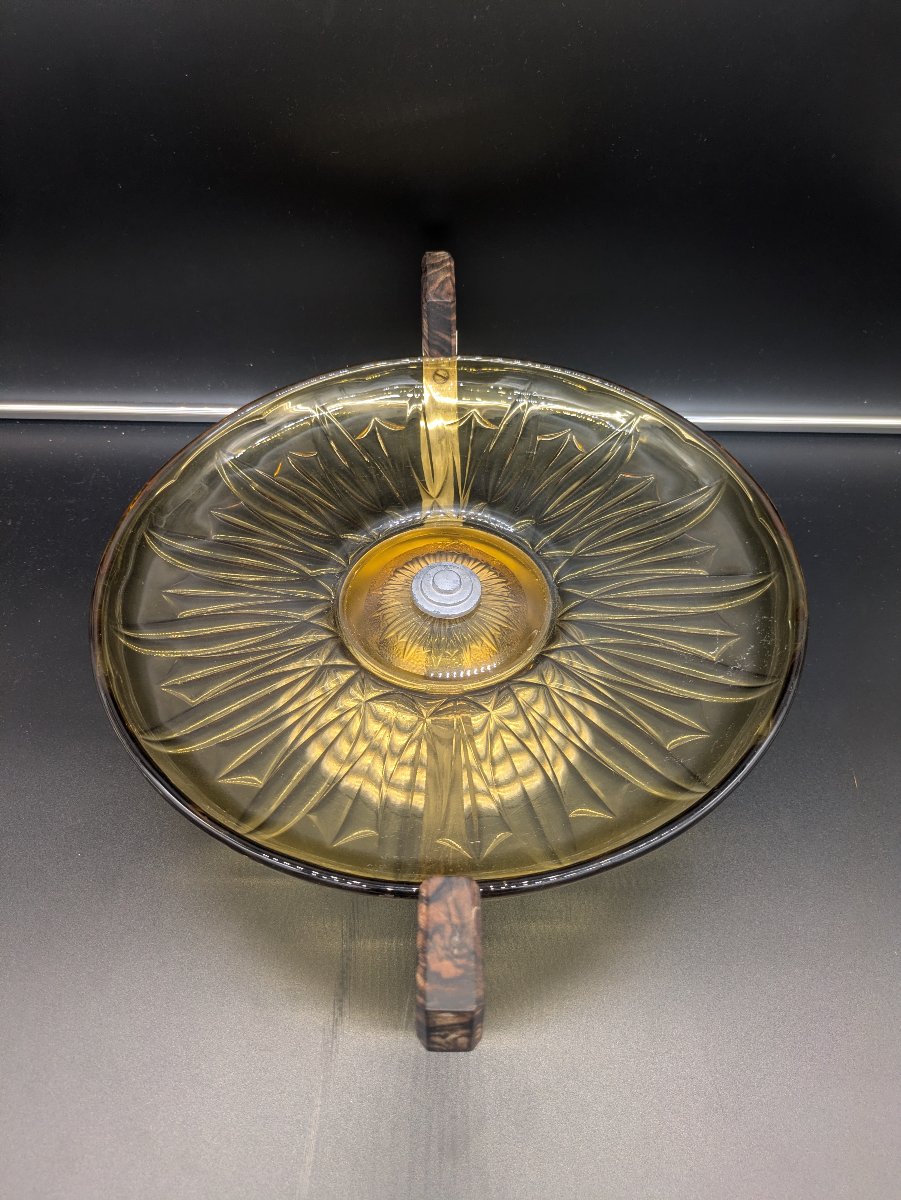 Molded Amber Glass Display Bowl With Rosewood Handles, Art Deco Style — 1930s–1950s-photo-3