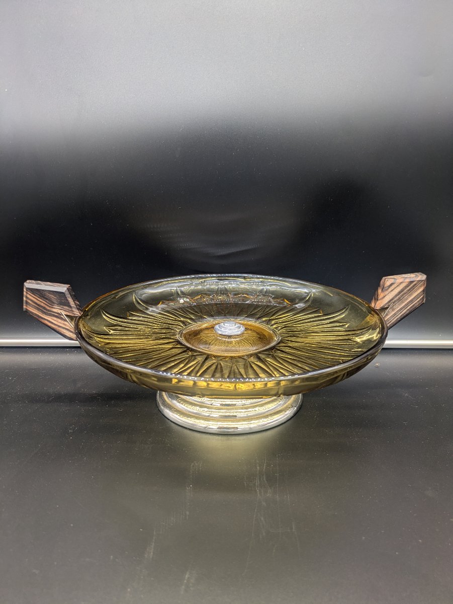 Molded Amber Glass Display Bowl With Rosewood Handles, Art Deco Style — 1930s–1950s