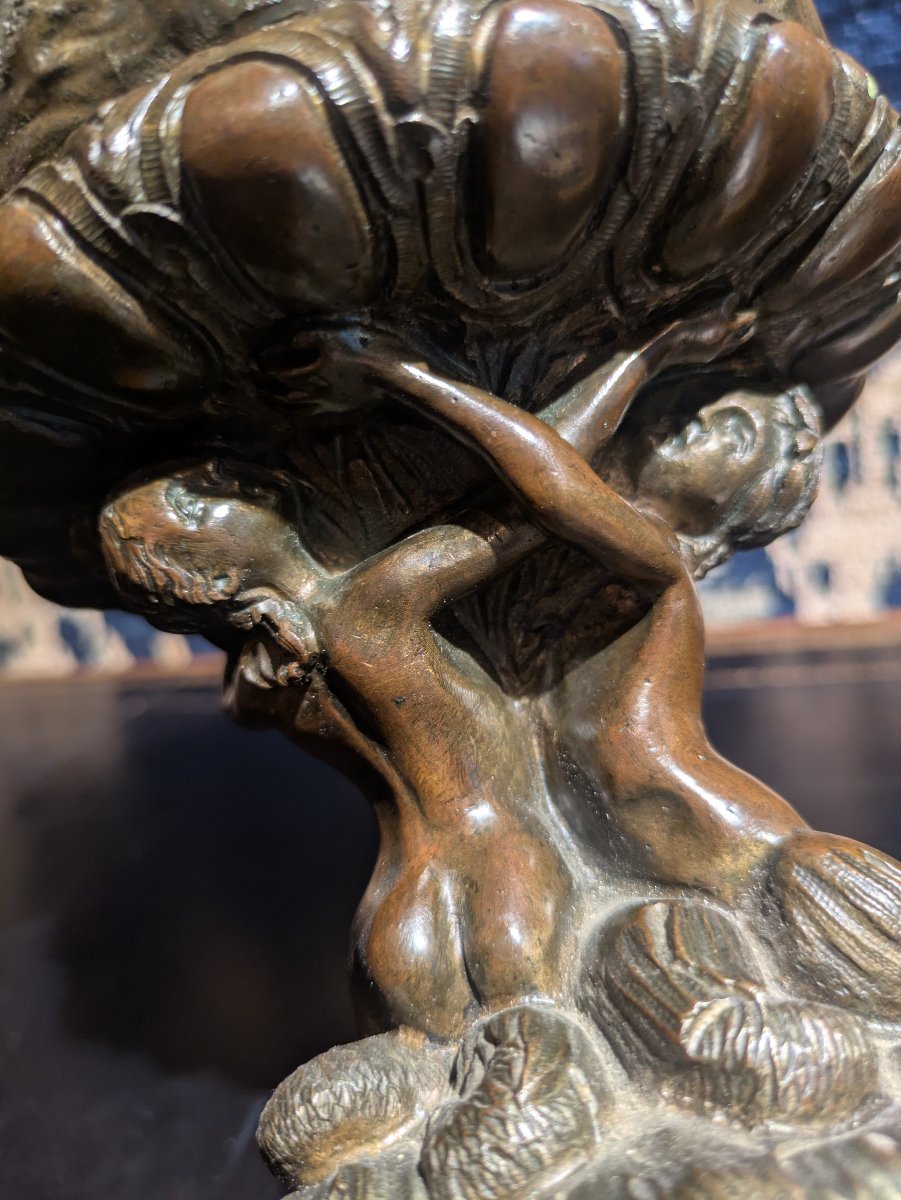 Patinated Bronze Bowl Decorated With Tritons And Putti, Cast By Georgeon — 19th Century-photo-2