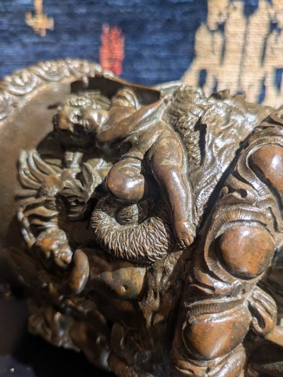 Patinated Bronze Bowl Decorated With Tritons And Putti, Cast By Georgeon — 19th Century-photo-4