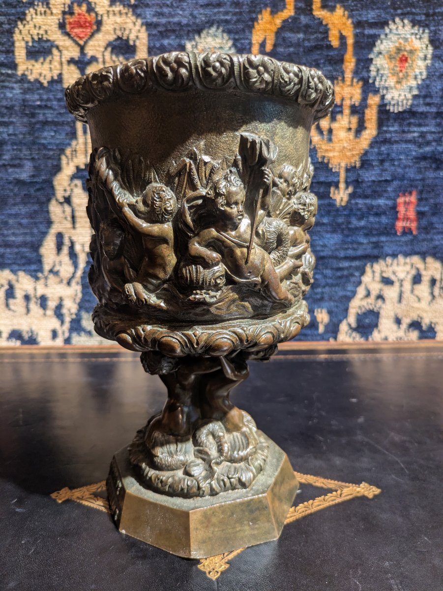 Patinated Bronze Bowl Decorated With Tritons And Putti, Cast By Georgeon — 19th Century-photo-3
