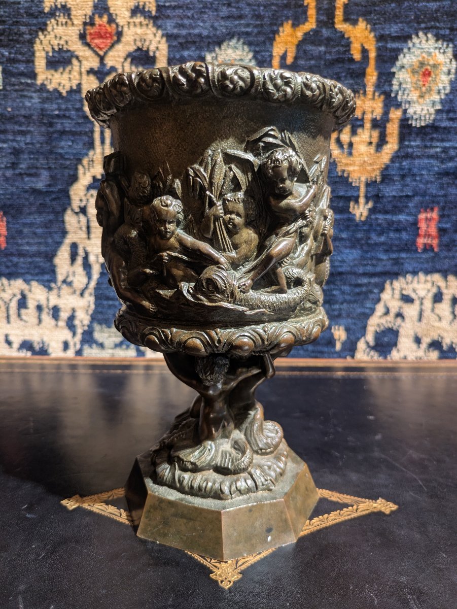 Patinated Bronze Bowl Decorated With Tritons And Putti, Cast By Georgeon — 19th Century-photo-4