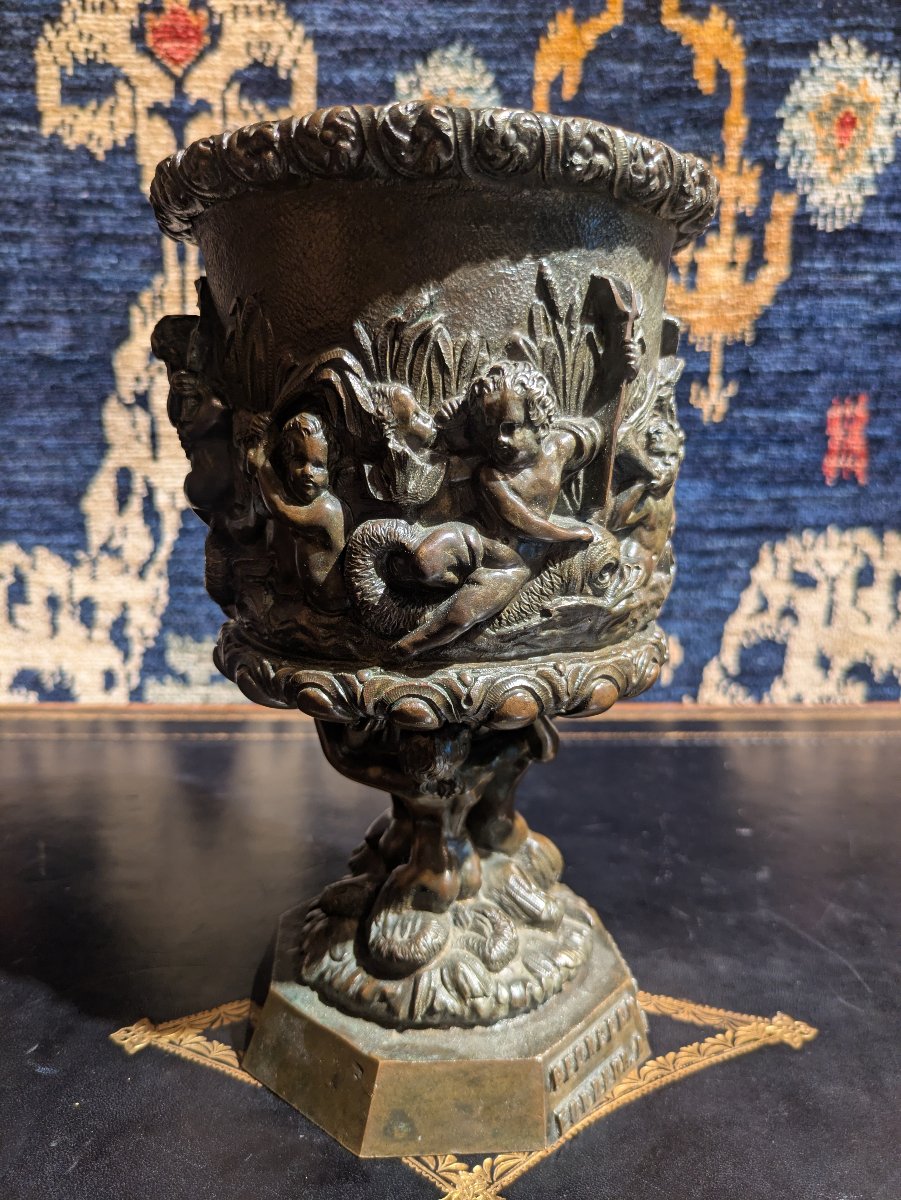 Patinated Bronze Bowl Decorated With Tritons And Putti, Cast By Georgeon — 19th Century-photo-5