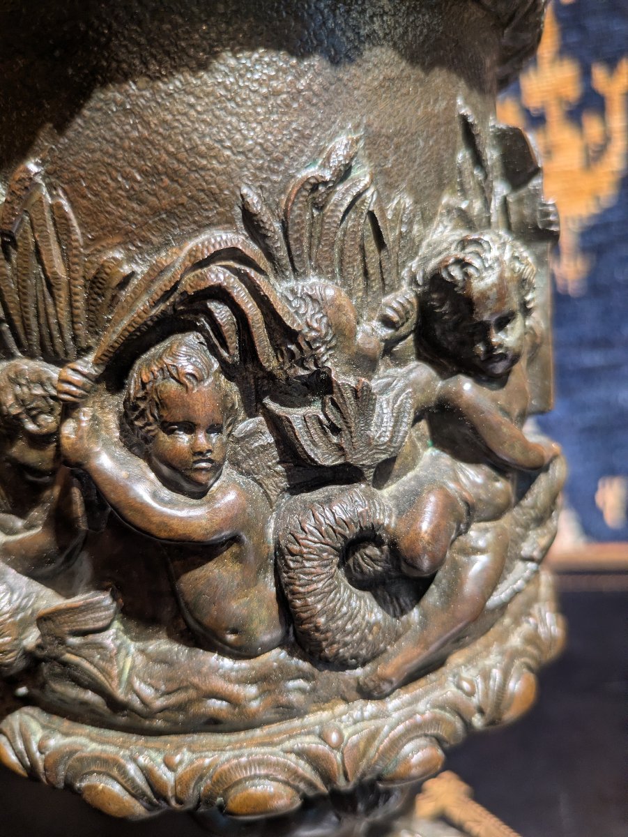Patinated Bronze Bowl Decorated With Tritons And Putti, Cast By Georgeon — 19th Century-photo-6