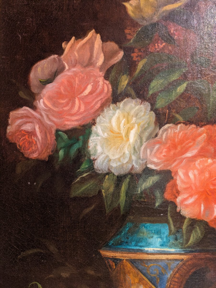 Nature morte aux roses, pêches et raisins -  Huile sur toile -  fin XIXe siècle-photo-3