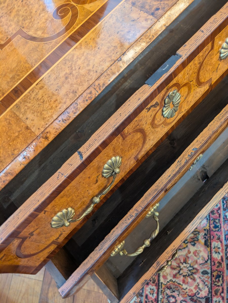 Commode galbée en marqueterie de loupe d'amboine -  milieu XVIIIème-photo-5