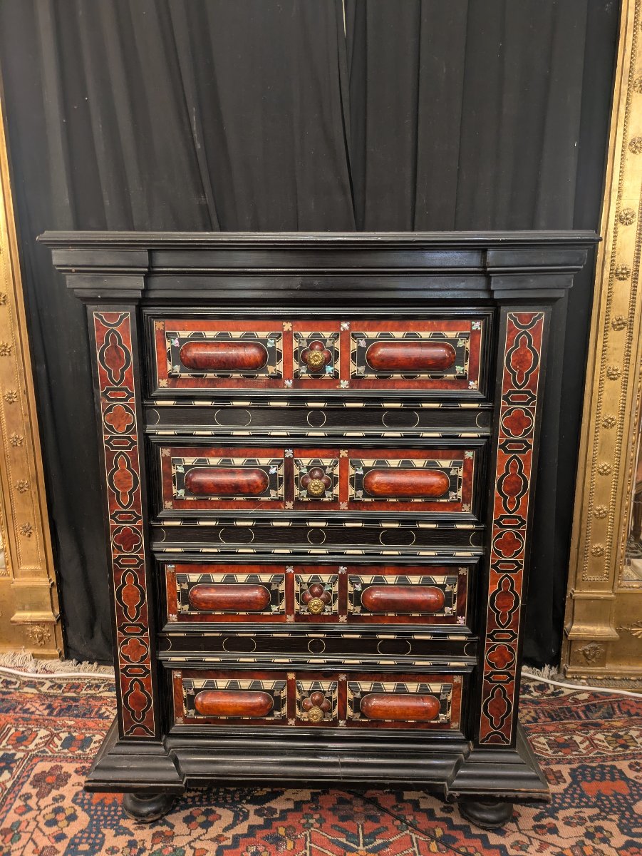 Ebony Cabinet With Drawers, Heather Burl, Bone, Mother-of-pearl, And Tortoiseshell Inlays—italy, 19th Century