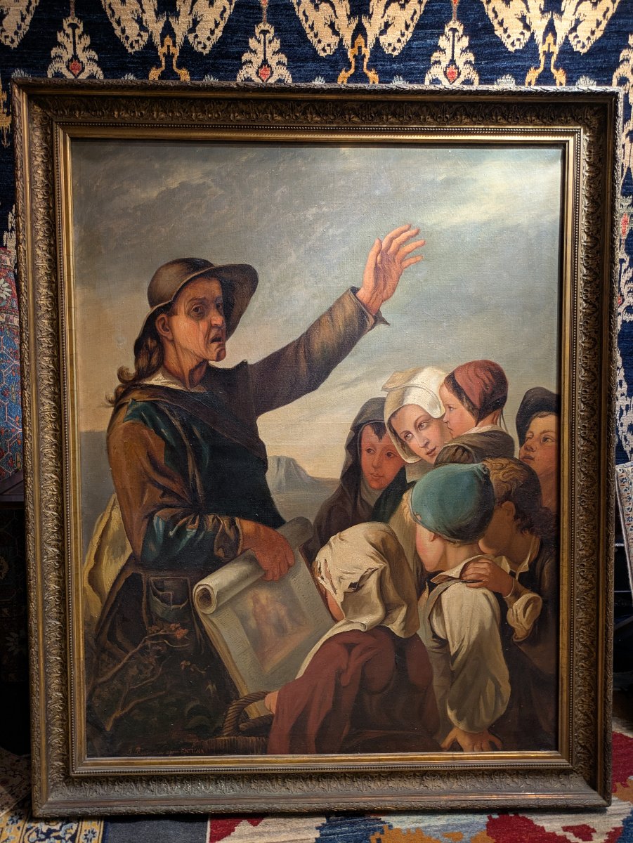 Le Marchand d'images - Huile sur toile, J. Besineau d'après Alexandre Antigna - fin XIXe siècle