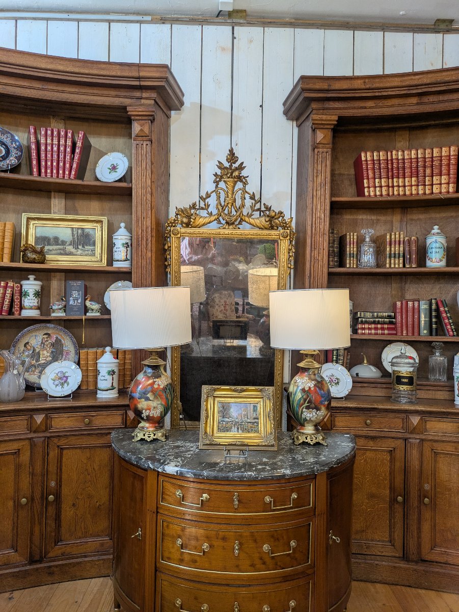 Large Corner Bookcase In Solid Oak, Curved Top—louis XVI Style, Late 19th Century-photo-1