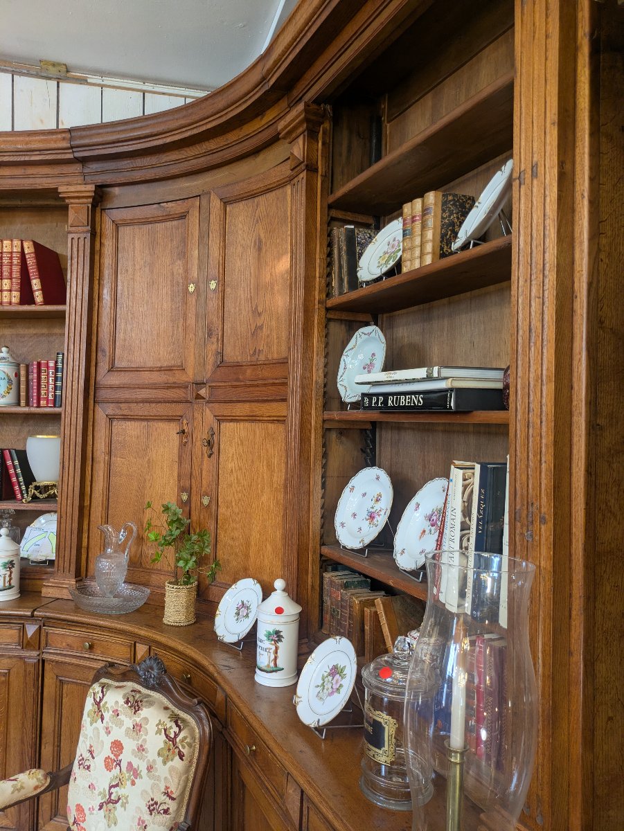 Large Corner Bookcase In Solid Oak, Curved Top—louis XVI Style, Late 19th Century-photo-2