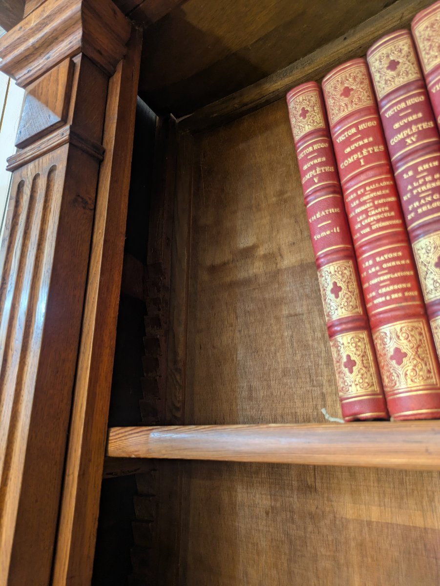 Large Corner Bookcase In Solid Oak, Curved Top—louis XVI Style, Late 19th Century-photo-4