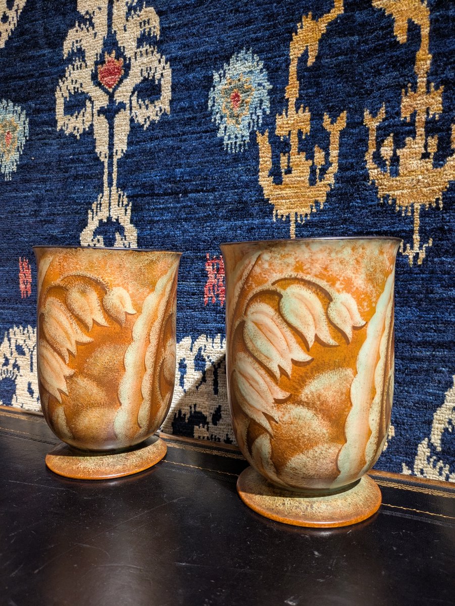 Pair Of Stoneware Vases, Decorated With Stylized Tulips—charles Catteau For Kéramis 
