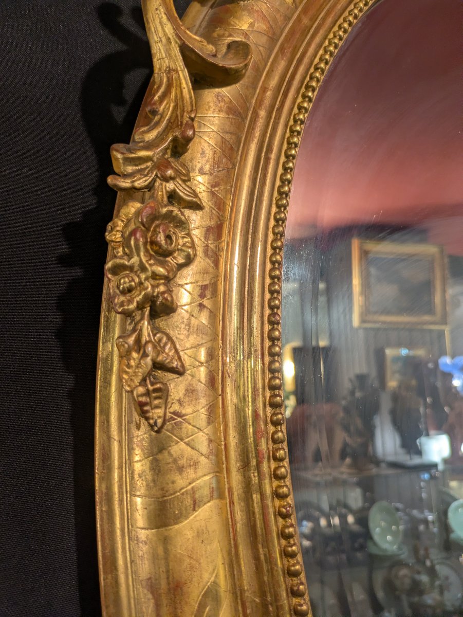 Large Oval Gilded Mirror With A Floral And Vine-decorated Pediment; Napoleon III Style, Late 19th Century-photo-3