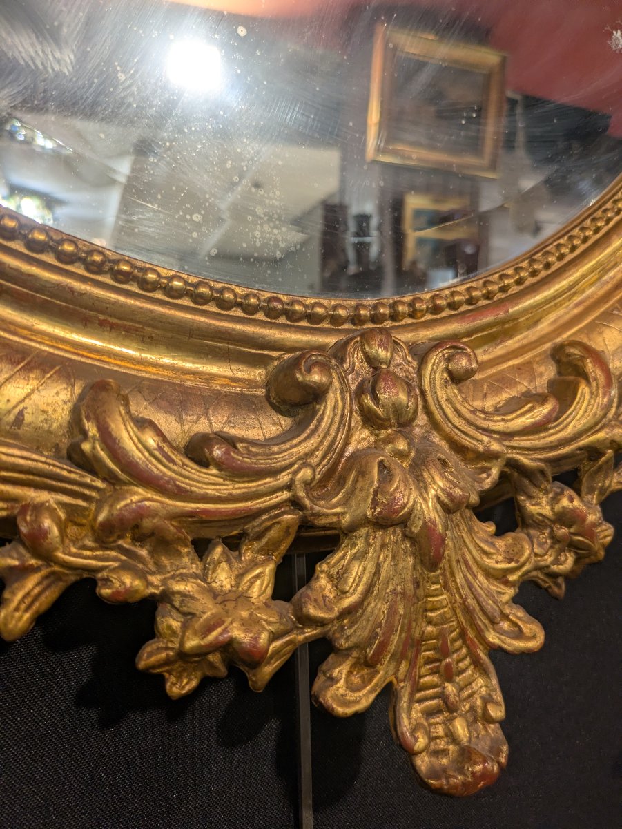 Large Oval Gilded Mirror With A Floral And Vine-decorated Pediment; Napoleon III Style, Late 19th Century-photo-4