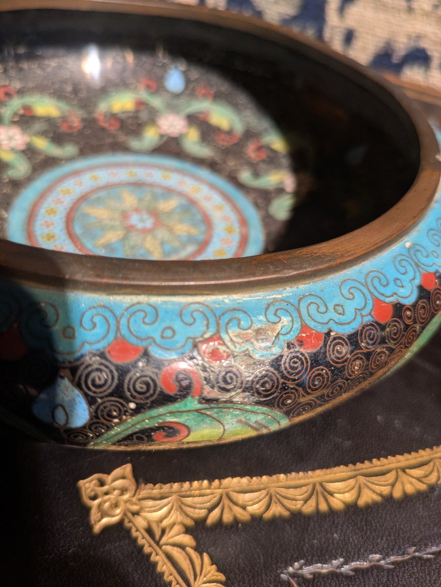Coupe en cloisonné à fond noir, décor de fleurs et feuillages, fin XIXème - Chine -photo-2