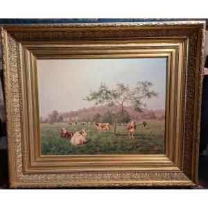 Huile Sur Toile - Scène champêtre de Vaches dans leur Paturage -  Par Louis Darey