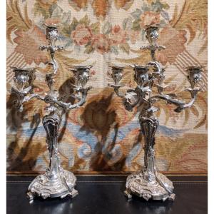 Paire de Candélabres en Bronze Argenté– Style Louis XV / Rocaille - XIXème