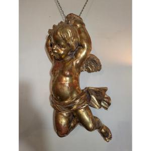 Gilded And Carved Wood Angel - Flying Putti - 18th Century