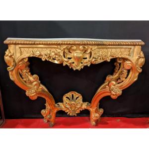 Console en Bois Doré Sculptée, style Régence, Plateau Marbre Blanc — XIXe siècle