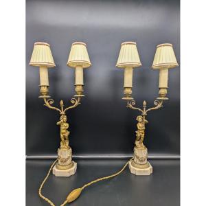Pair Of Gilded Bronze Putti Candelabras, Louis XVI Period - Late 18th Century