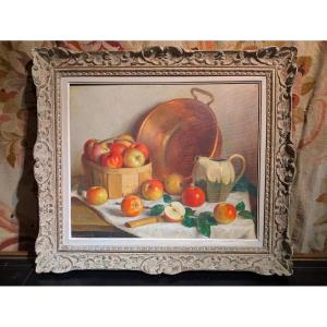 Nature morte aux pommes, huile sur toile  par Gaston Hamanovick — XXe