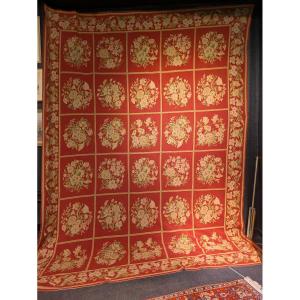 Large Aubusson Rug With Floral Medallions On A Red Background, Napoleon III Period—19th Century