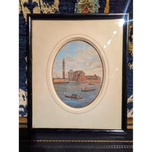Vue de Venise, Gouache sur Médaillon Ovale Signée Rossi et Datée 1861 — XIXe siècle