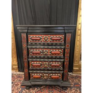 Ebony Cabinet With Drawers, Heather Burl, Bone, Mother-of-pearl, And Tortoiseshell Inlays—italy, 19th Century