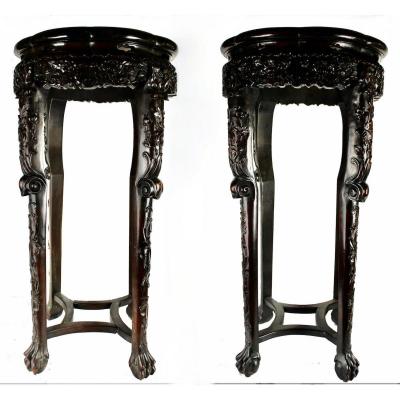A Pair Of Chinese Hardwood Stands With Marbl Insets, 19th Century