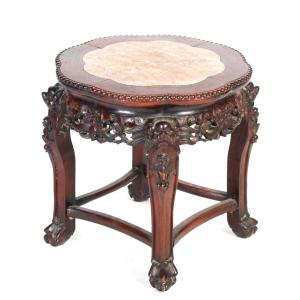 A Chinese Low Wooden Stand  With Pink Marble Insert, 19th Century
