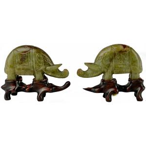 Paire De Figurines D’éléphants En Jade