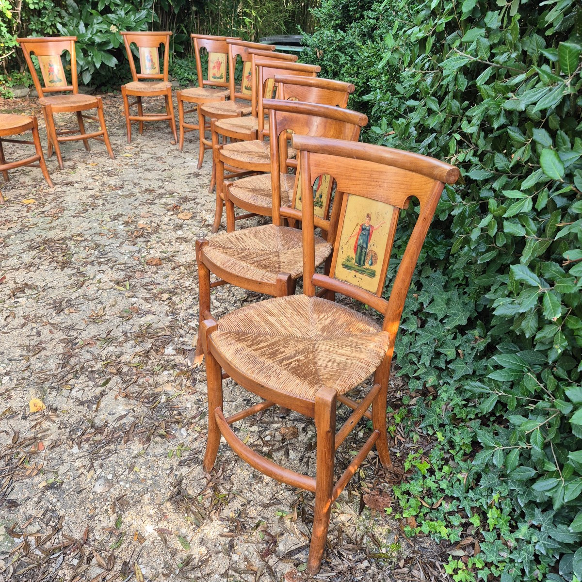 Set Of 10 Directoire Period Straw-seated Chairs In Painted Sheet Metal -photo-2